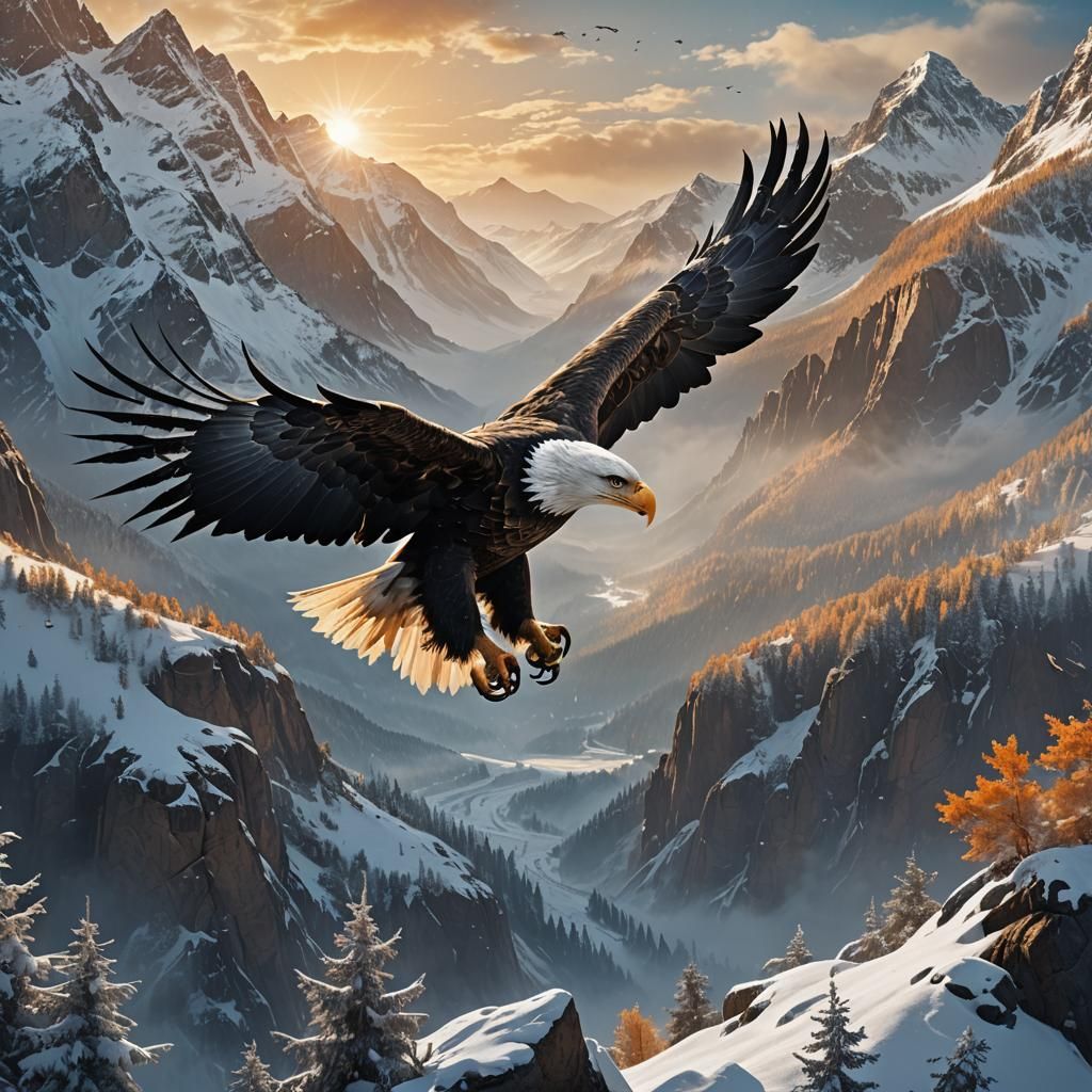 Bald Eagle Soaring Through Snowy Peaks: Digital Matte Painti...