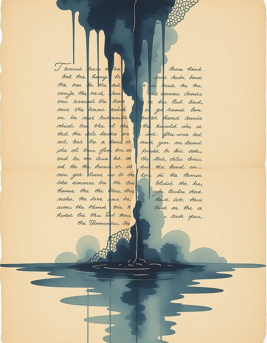 Ink Waterfall on Vintage Paper, Abstract Expressionism