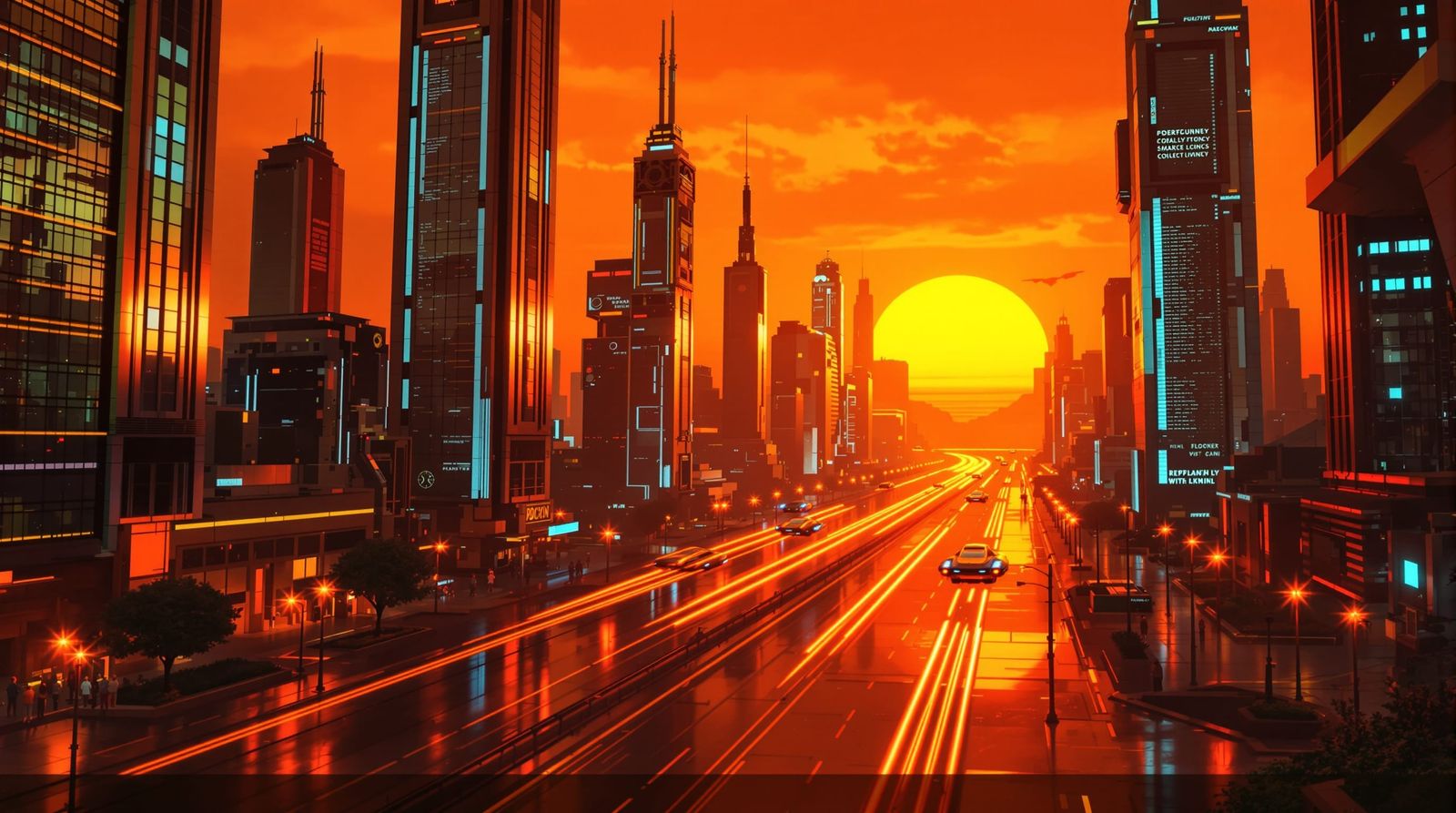 Orange Retro-Futuristic Cityscape with Neon Grids
