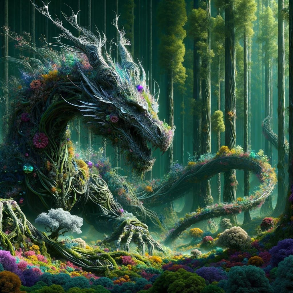 Colossal Forest Dragon Fusion of Nature and Alien Tech