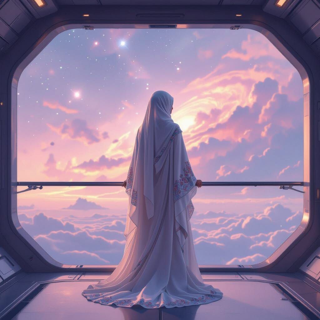 Serene Woman on Spaceship Deck in Digital Art Style