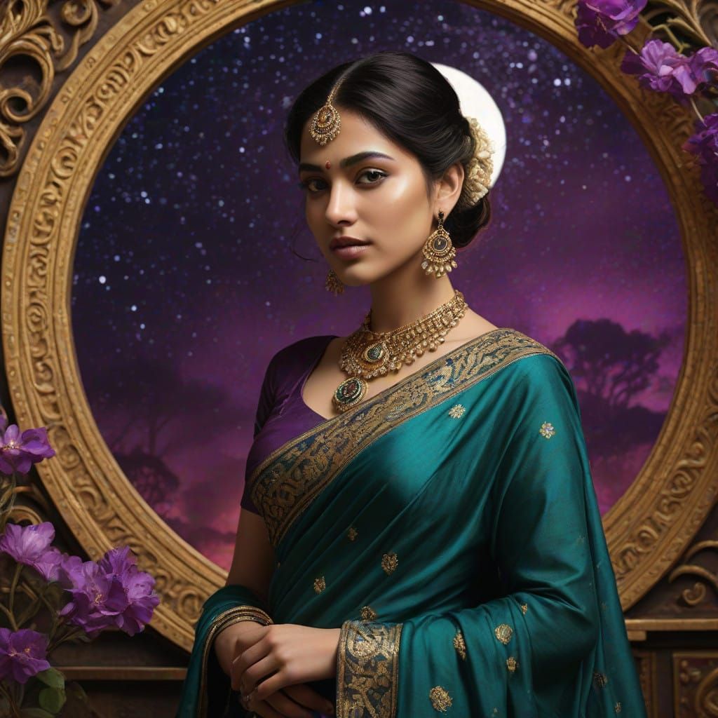 Indian Woman in Emerald Green Sari Amidst Steampunk-Inspired...