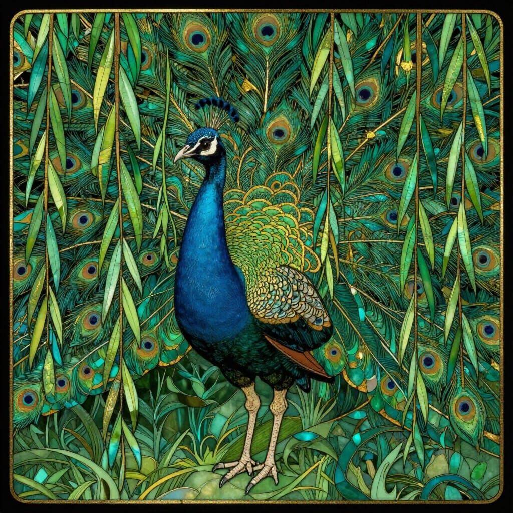 Art Nouveau Peacock Illustration with Gold Leaf Accents