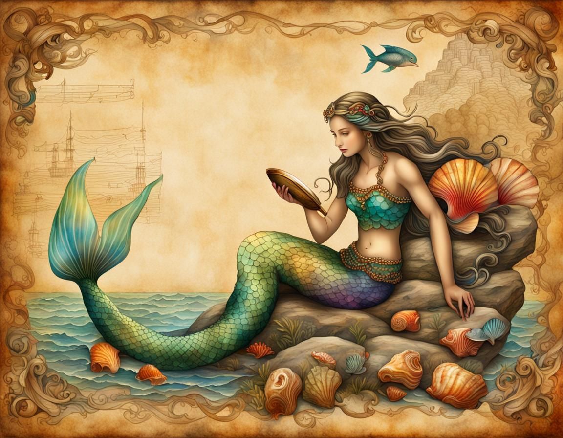 Mermaid Scene on Parchment in Vintage Style