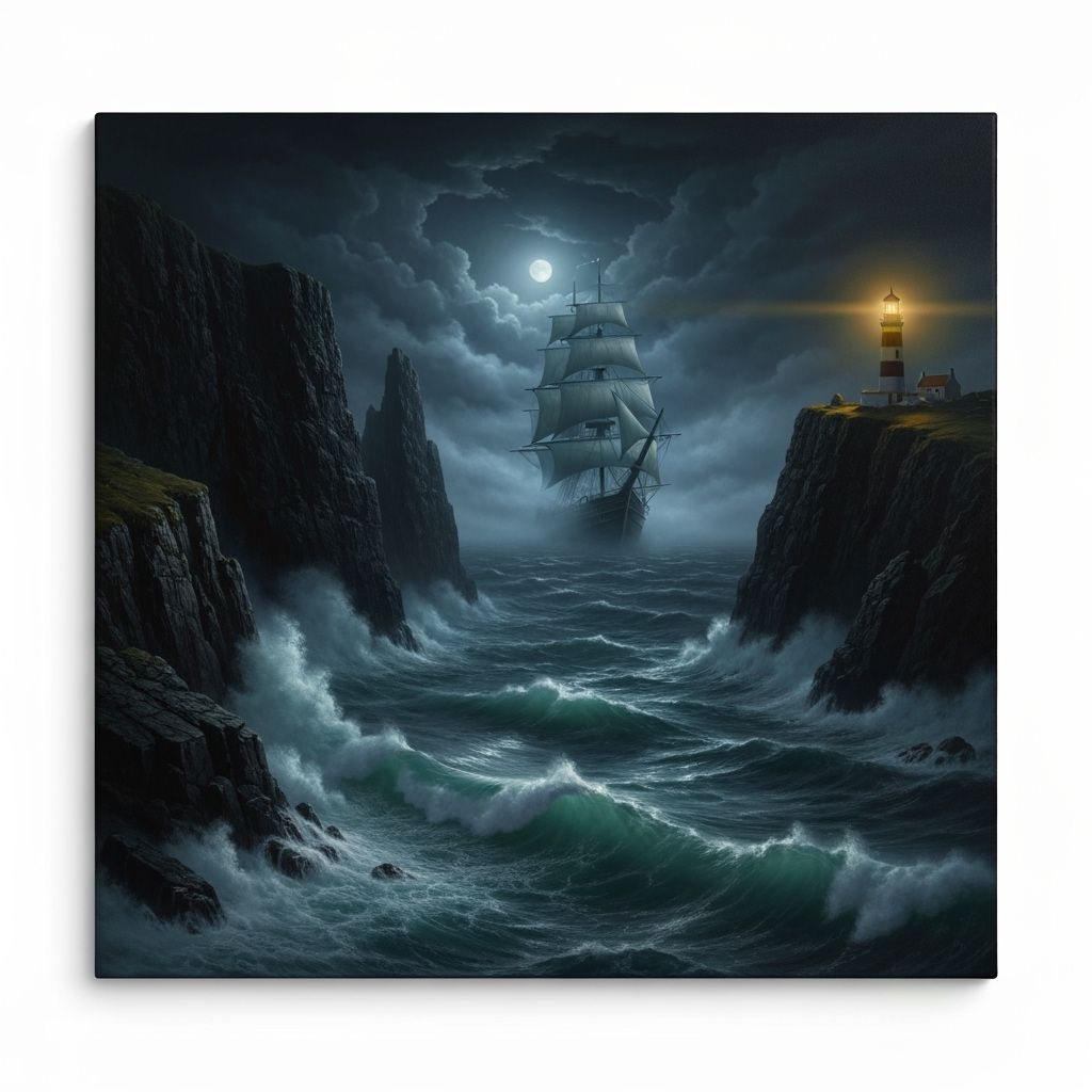 Ghost Ship Appears in Stormy Maritime Oil Painting