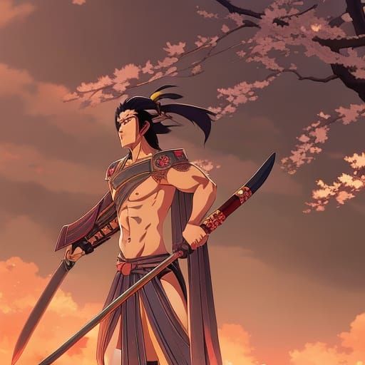 Anime Samurai in Kyoto with Cherry Blossoms