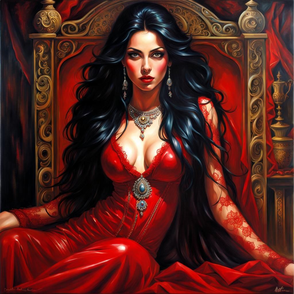 Moroccan Woman in Red Lingerie: Gothic Oil Painting