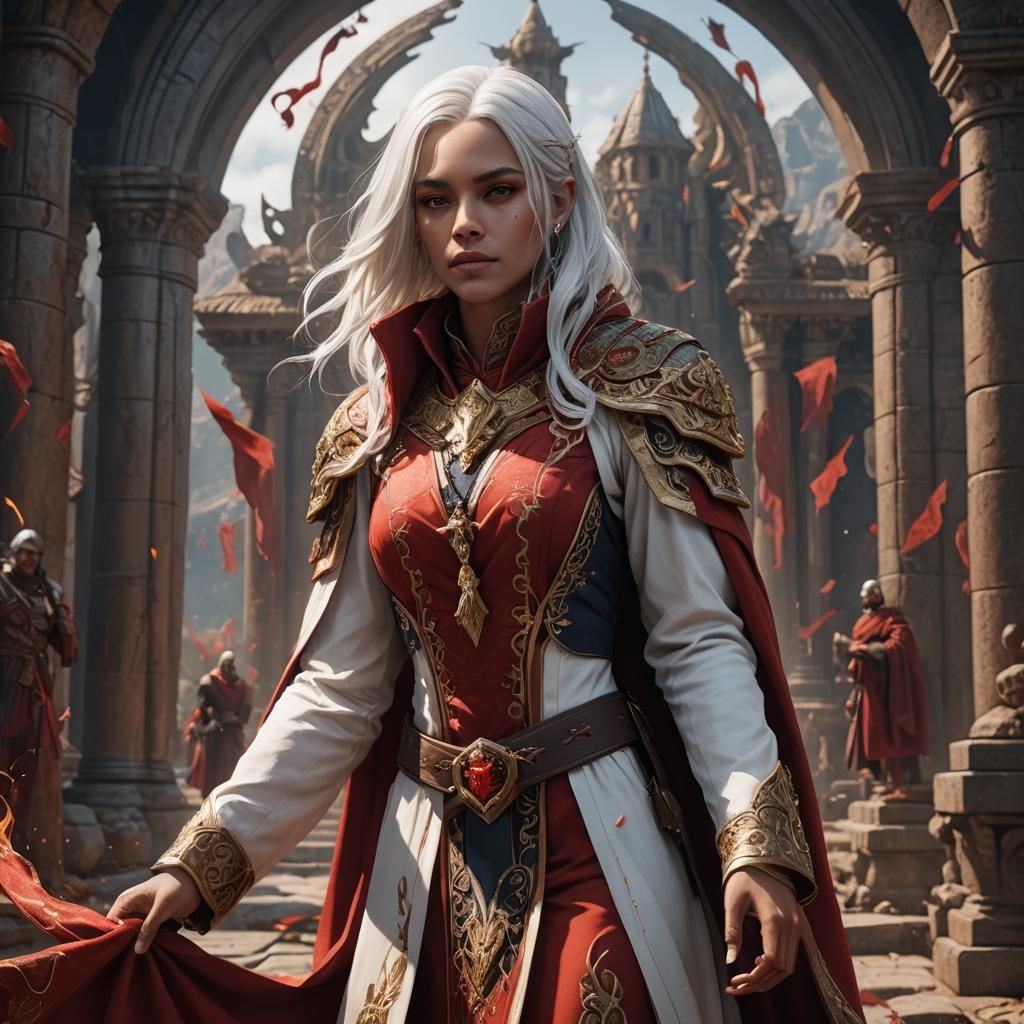 Androgynous Royal Figure with White Hair, Detailed Fantasy A...