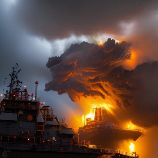 Burning Oil Rig Firefighting Tug in Dark Fantasy Style