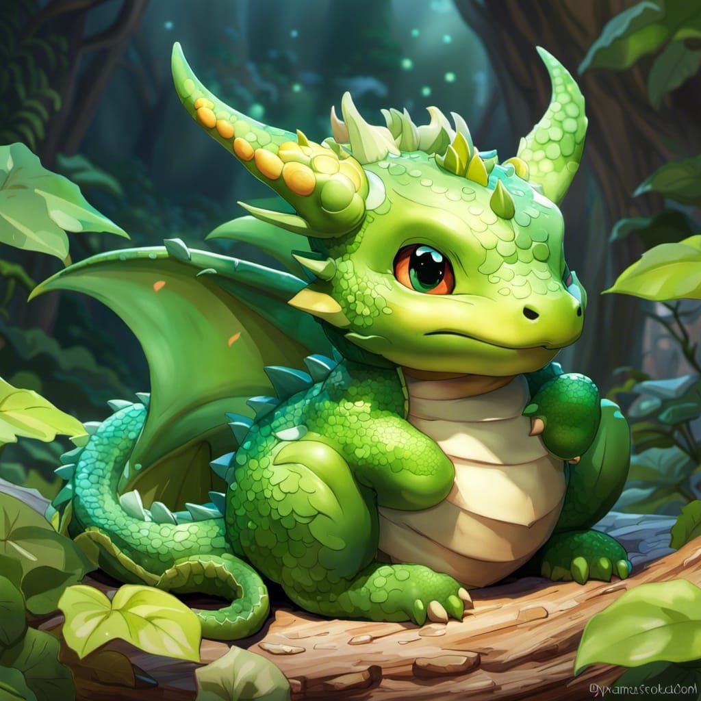 Sleeping Chibi Dragon in Watercolor Style