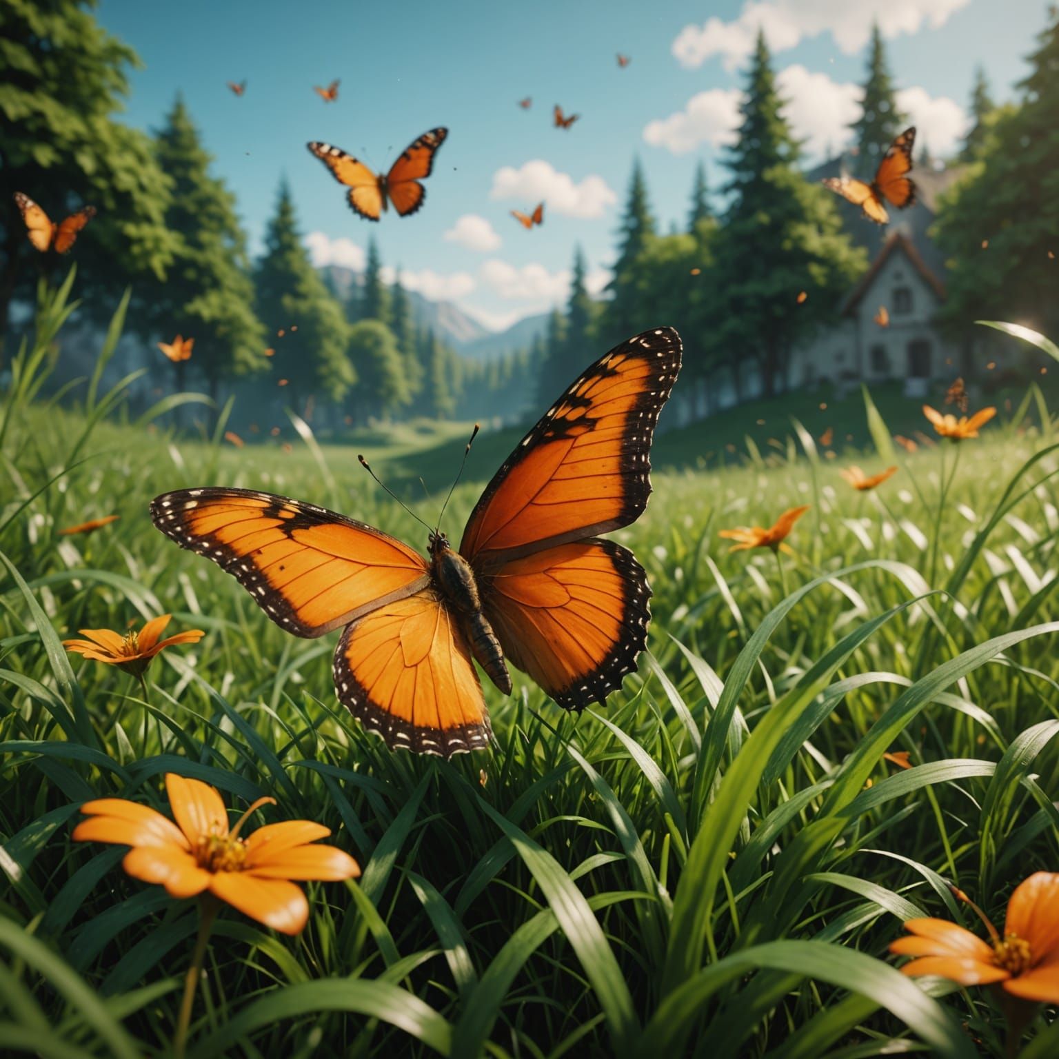 Vibrant Butterflies Dance Amidst Emerald Meadows