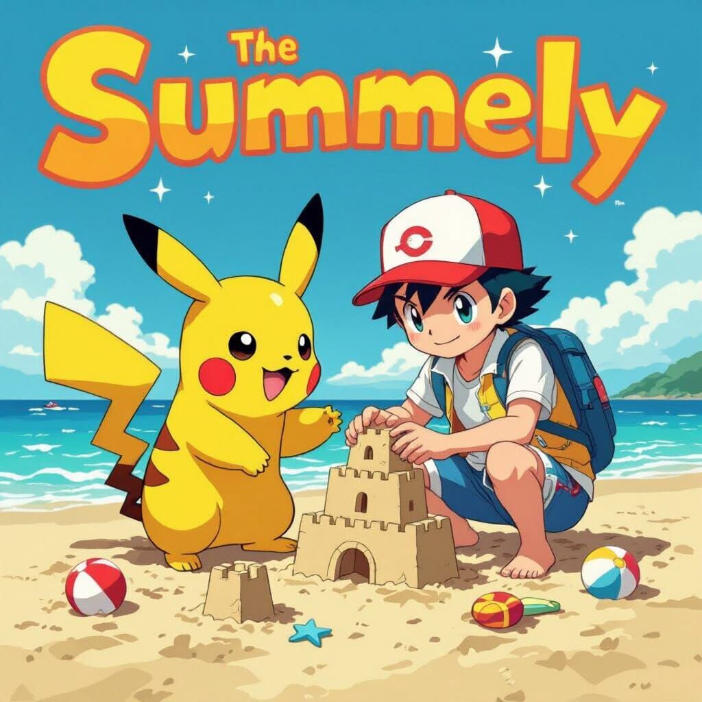 Pikachu and Ash Beach Day in Pop Art Style