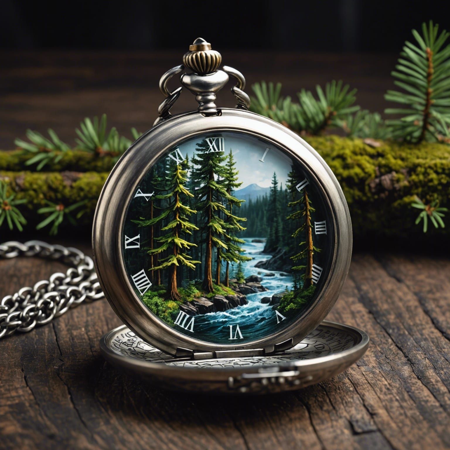 Lush Forest Inside Pocket Watch on Spruce Table
