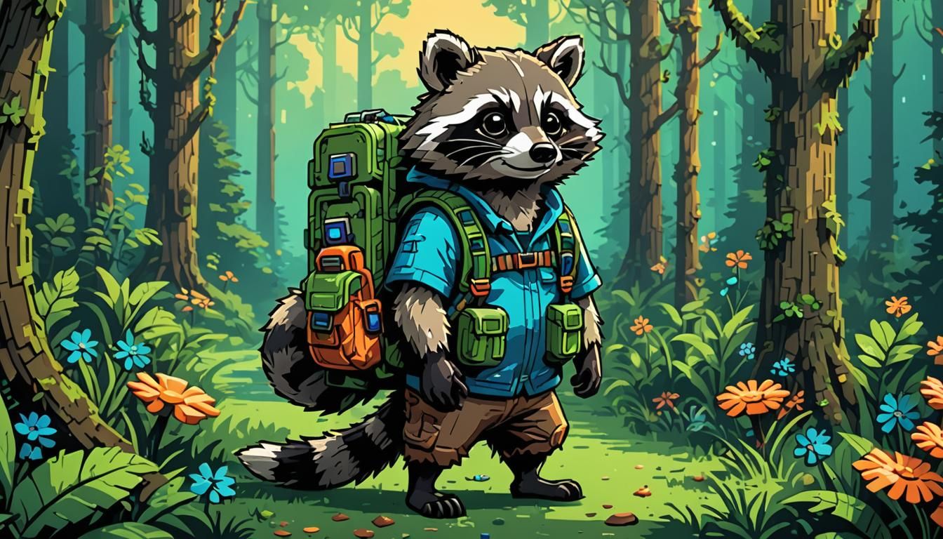 Raccoon Adventurer in 8-Bit Pixel Art Forest