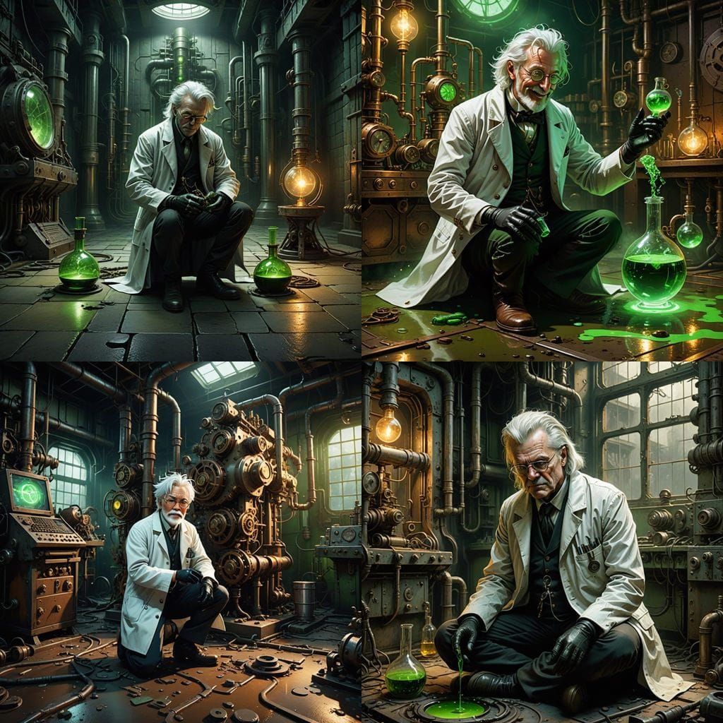 Eccentric Steampunk Scientist in Mad Laughter