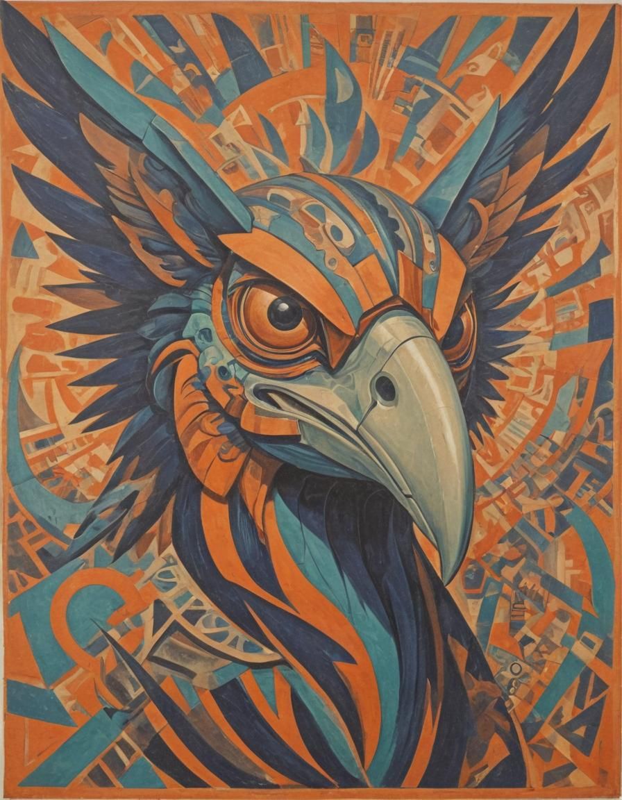 Futuristic Vulture Head in Orange, Indigo, Turquoise