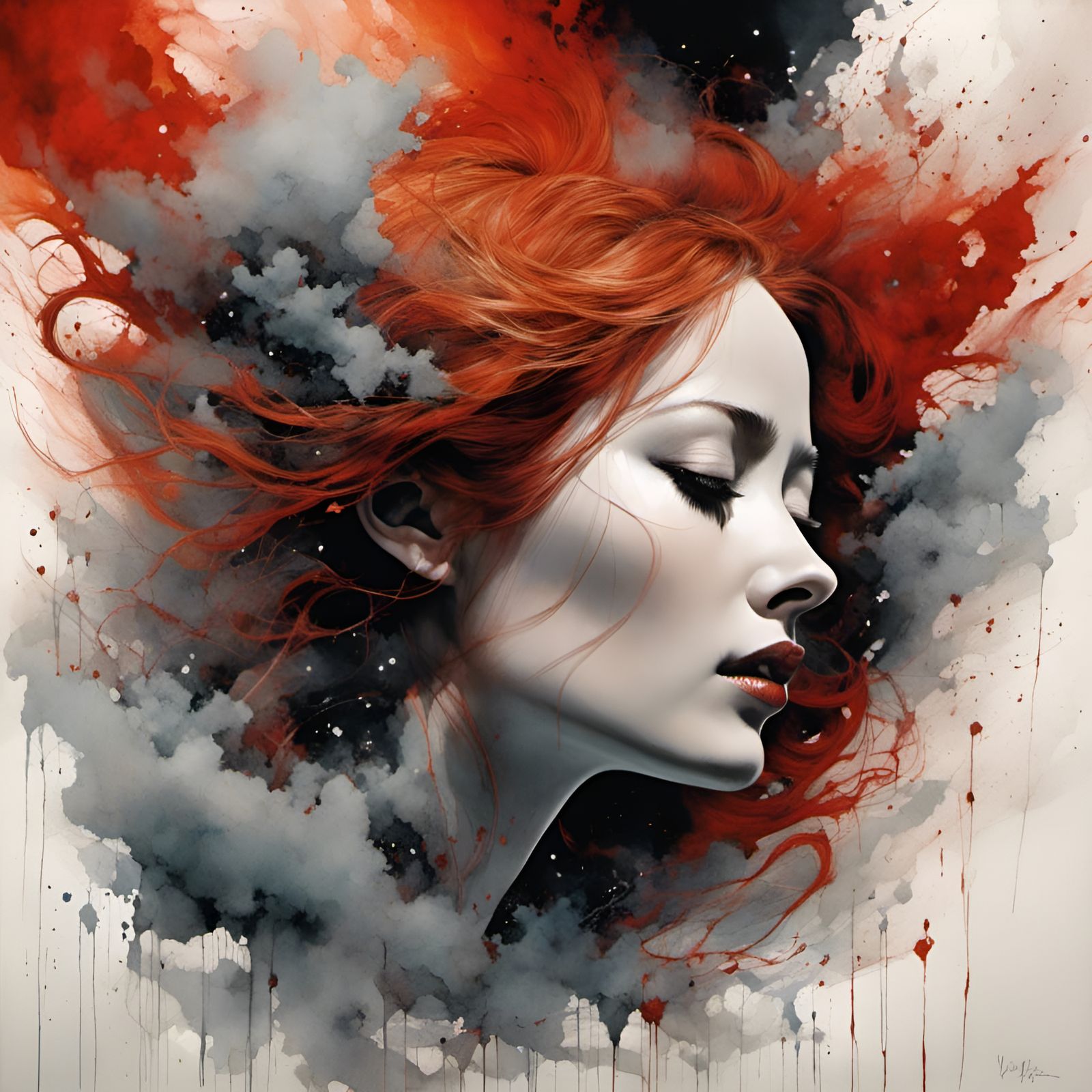 Fiery Woman Portrait in Mixed Media Style