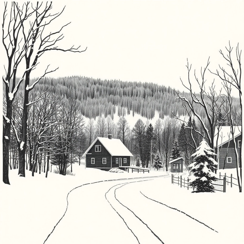 Woodcut Print: Snowy Day in Vermont