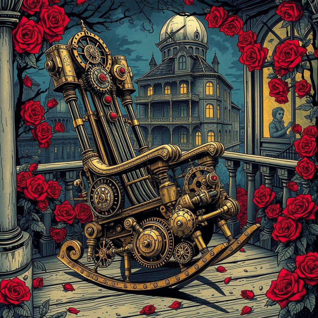 Steampunk Rocking Chair Time Machine in Anime Style