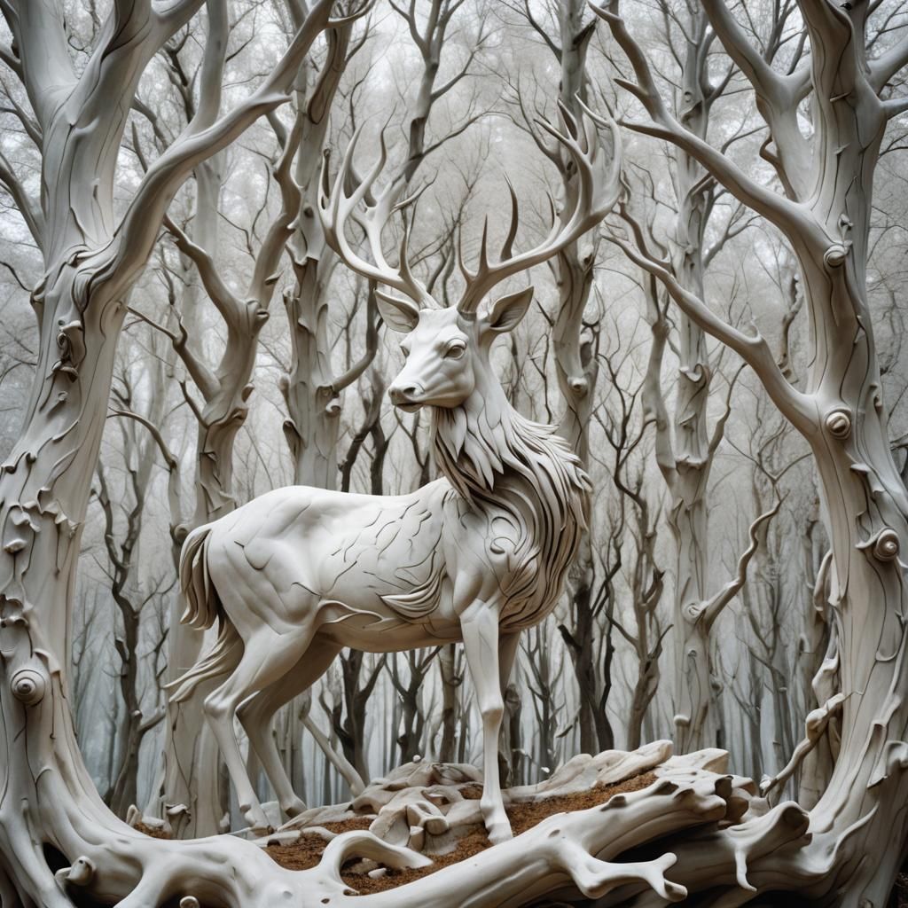 Surreal Marble Deer Sculpture in Marble Forest