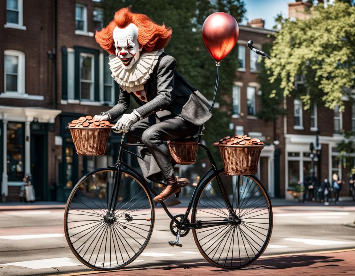 Pennywise on Penny-Farthing with Bag of Pennies