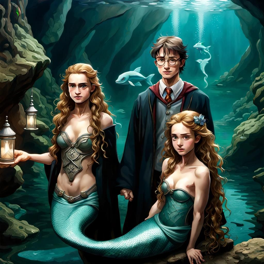 Wizard and Mermaids in Black Lake: Hyperrealistic Scene