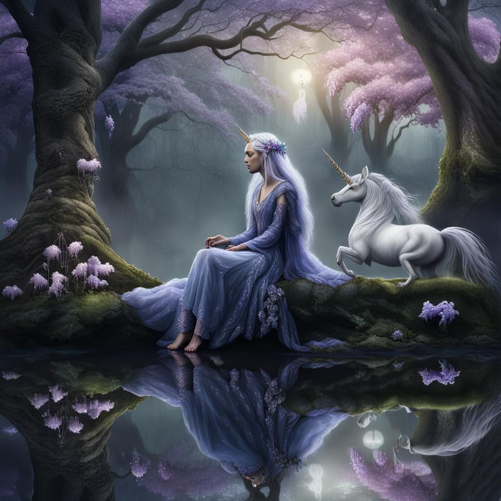 Sad Fairy Reflecting in Enchanted Forest Pond