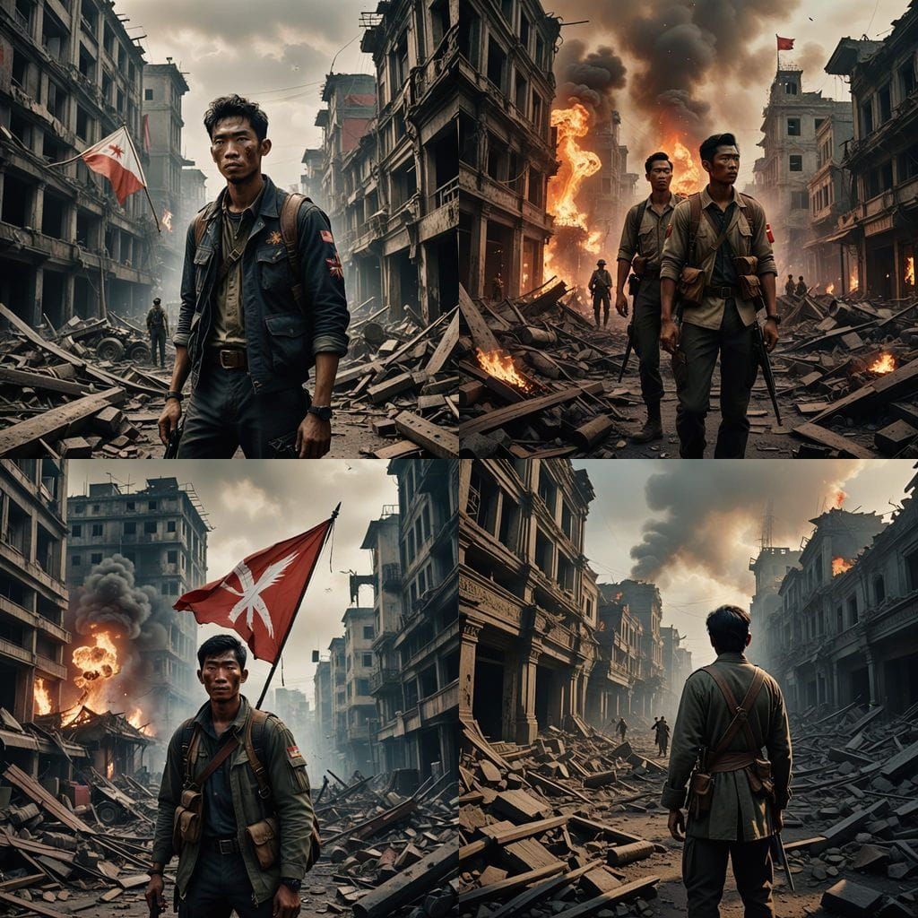 Indonesian Freedom Fighters Stand Tall Amidst Ruins