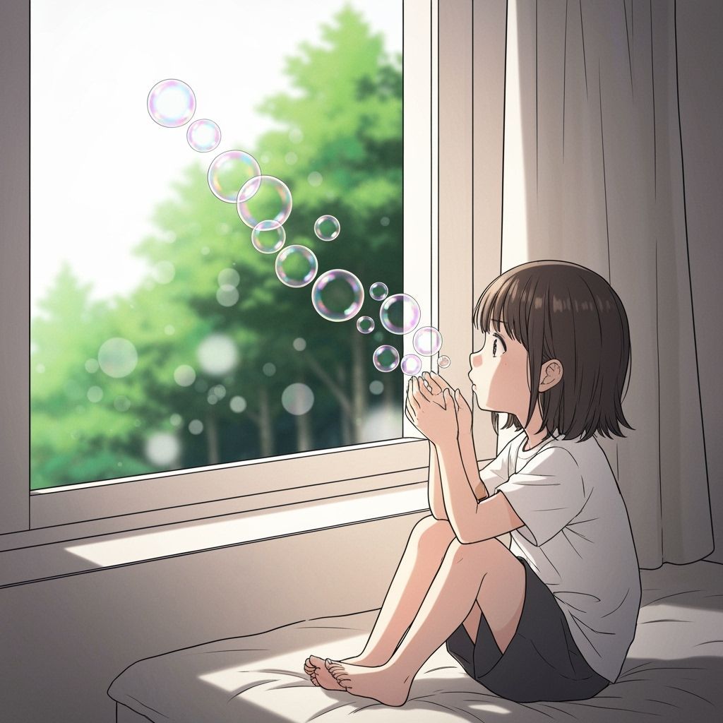 Girl Blowing Bubbles in Cozy Room, Manga Inspired