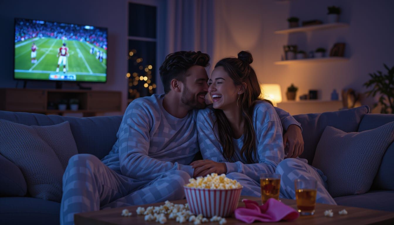 Couple Laughs and Kisses During Football Game on Cozy Couch