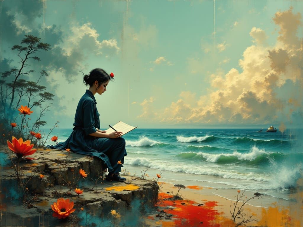 Woman Writes Letter by Ocean in Surrealist Style