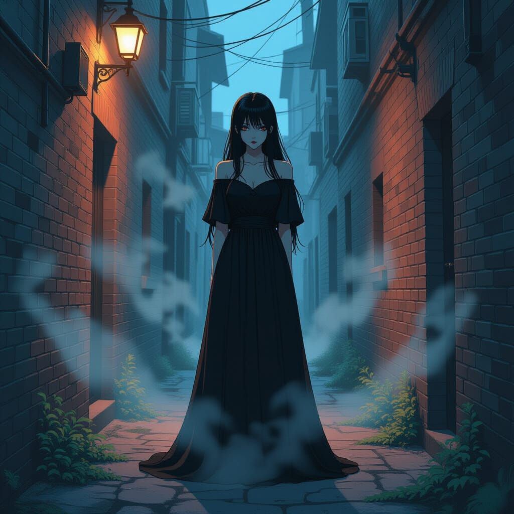 Eerie Anime Woman in Mist: Junji Ito Horror Style