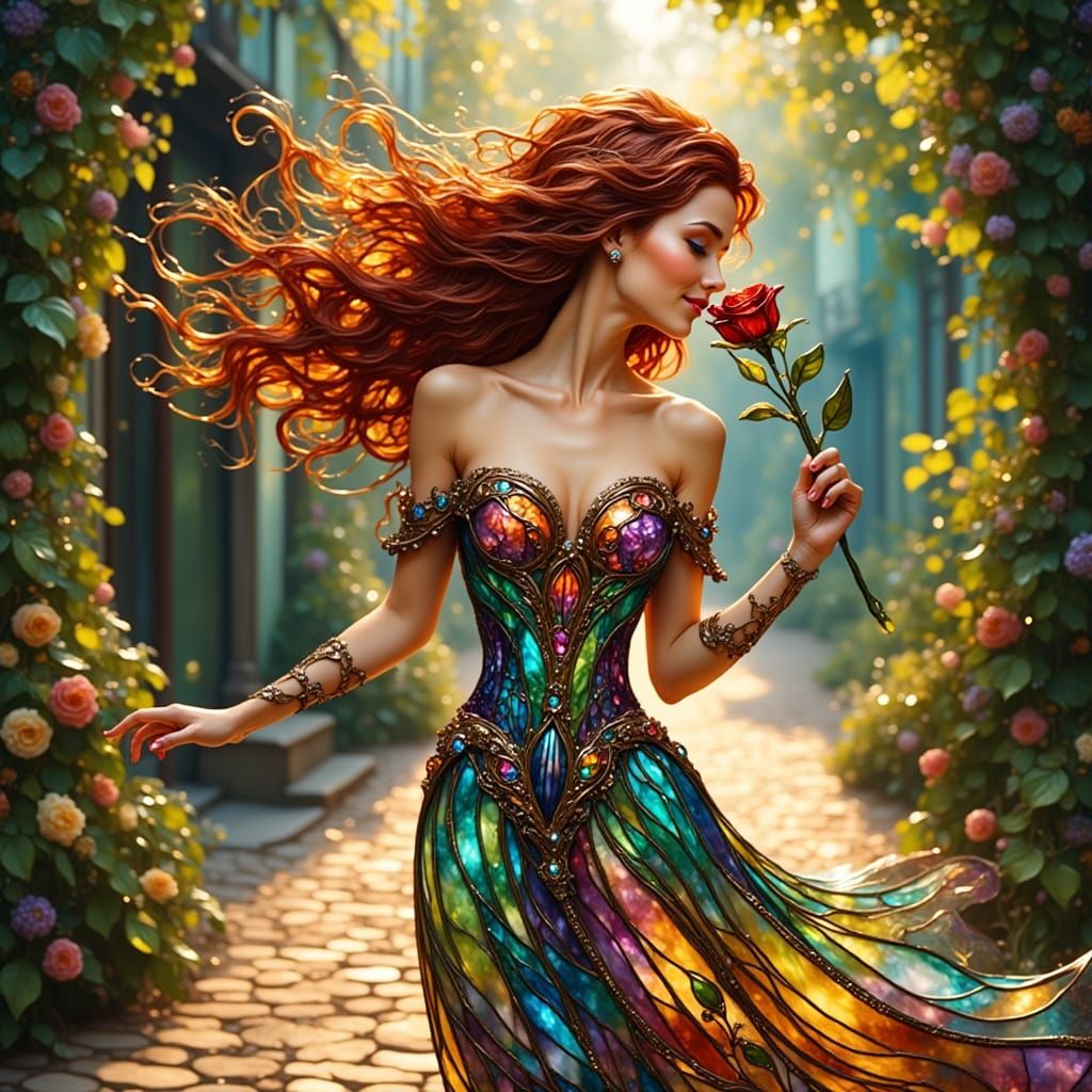 Woman in Stained Glass Dress Walks Art Nouveau Street