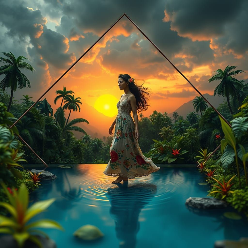 Bohemian Woman in Amazon Wood Diorama Under Stormy Sunset
