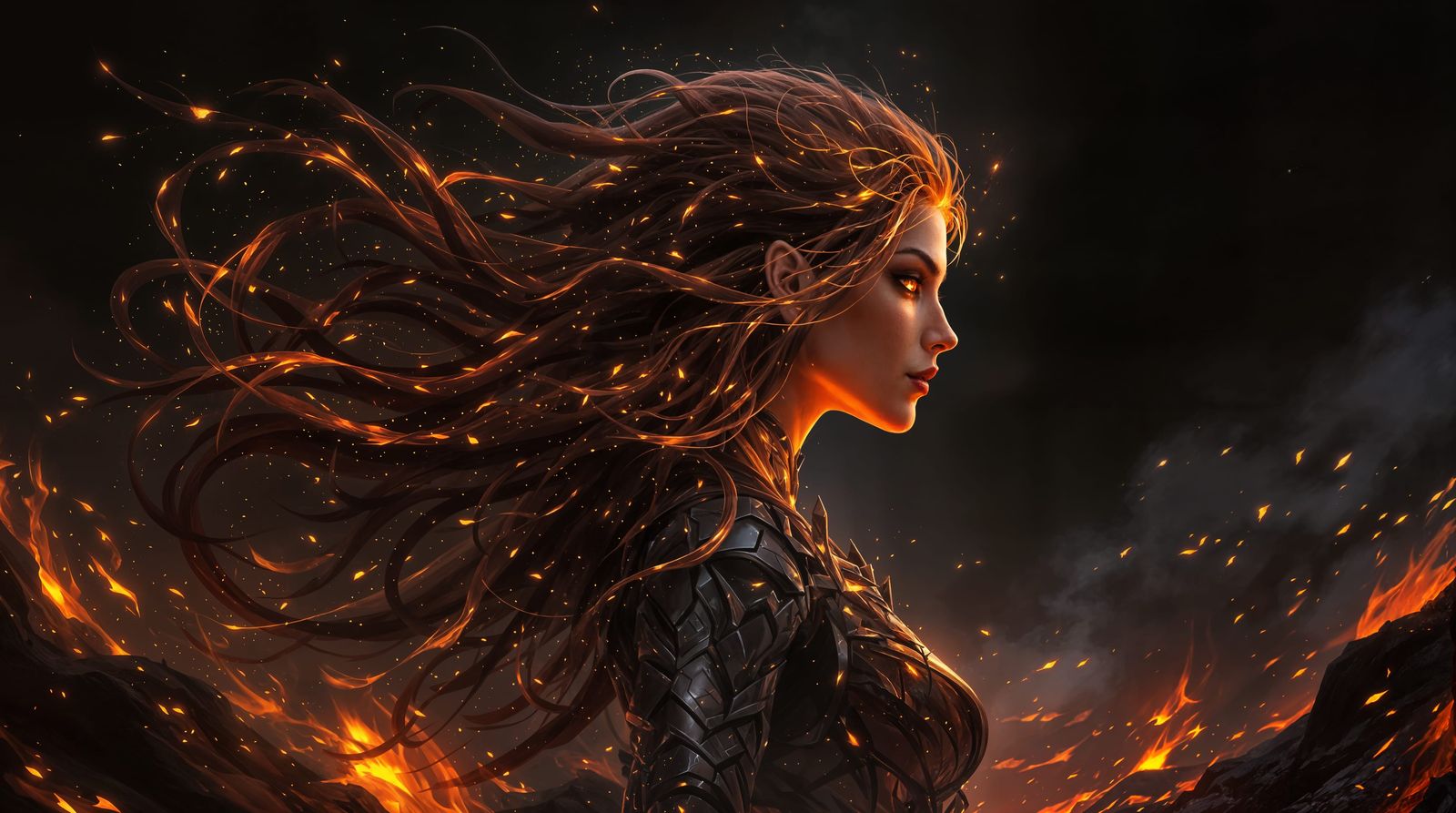 Fantasy Fire Elemental Portrait in Smoky Volcanic Landscape