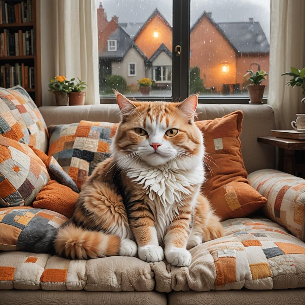 Contented Cat in Cozy Room During Rainstorm