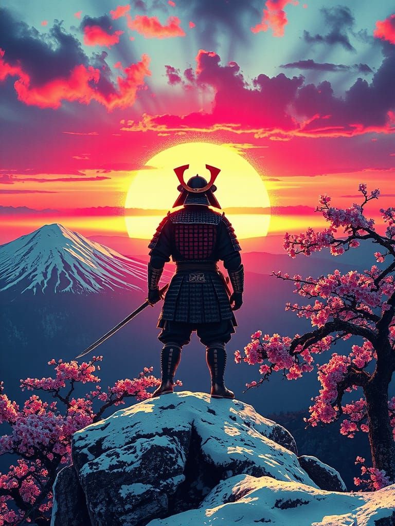 Samurai Warrior Gazing at Glitching Sunrise, Digital Art