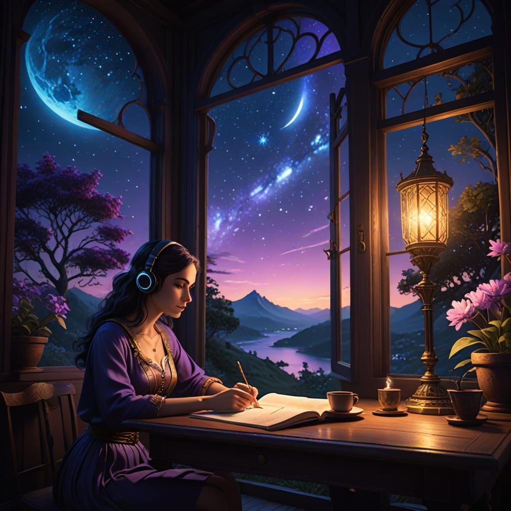 Fantasy Girl Studies Under Starry Night Sky with Comet