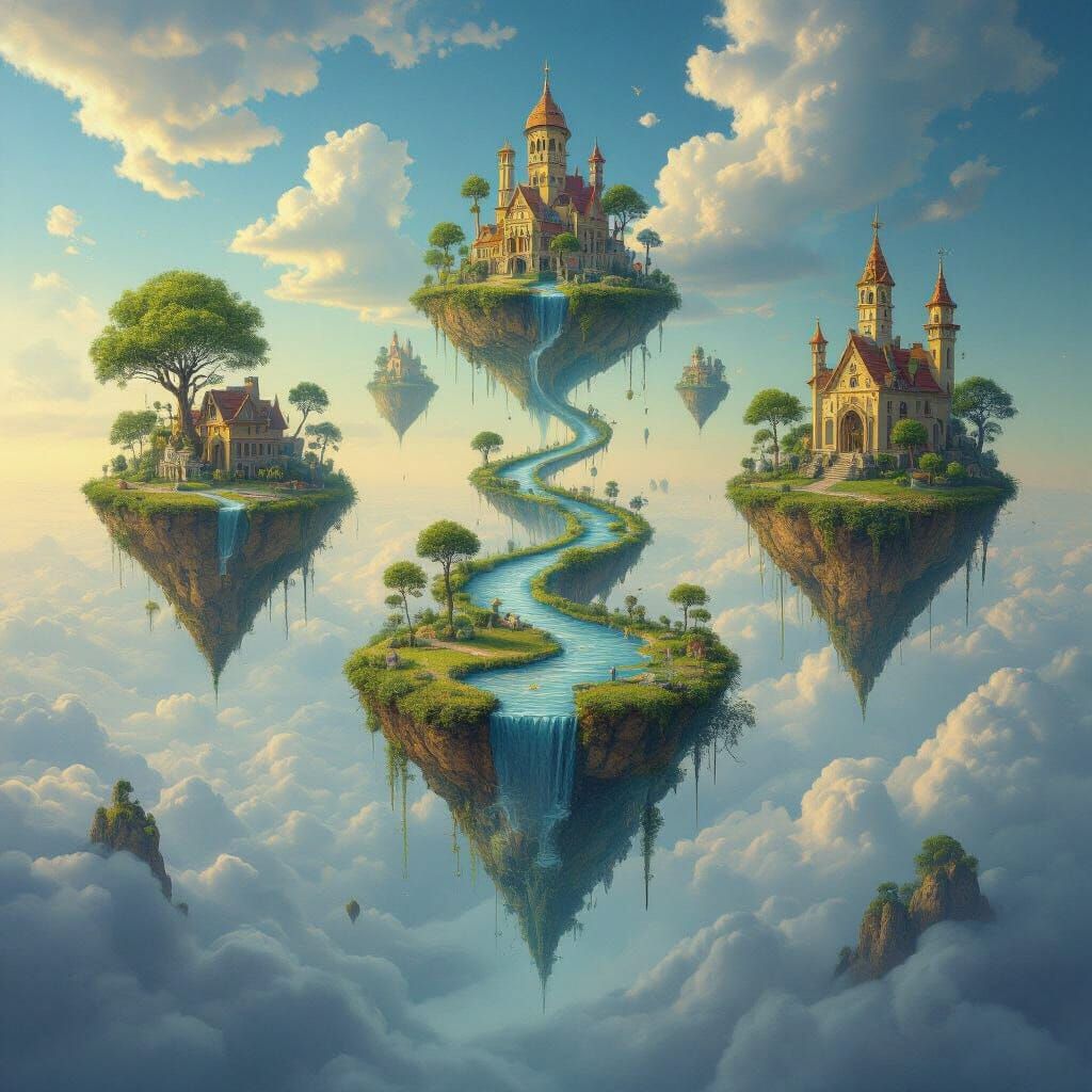 Surreal River Flows Through Floating Islands In Dreamscape