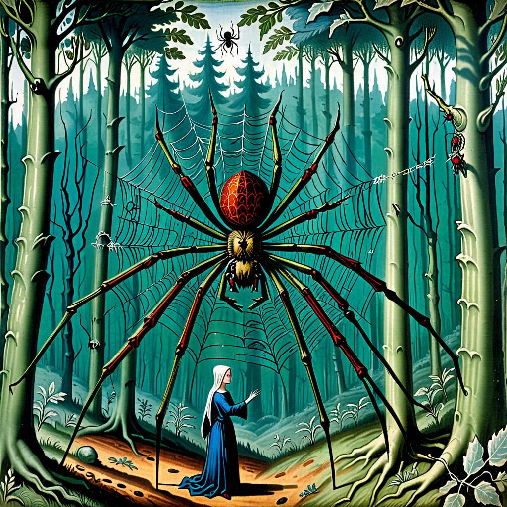 Spider Woman in Forest: Fifteenth Century Bestiary Art