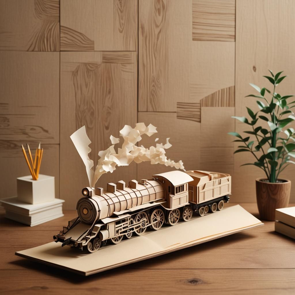 Origami Steam Locomotive on Wooden Desk