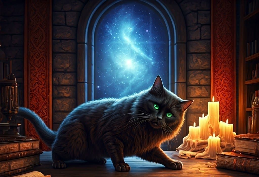 Mystical Black Cat Scratches Ancient Wizard's Desk