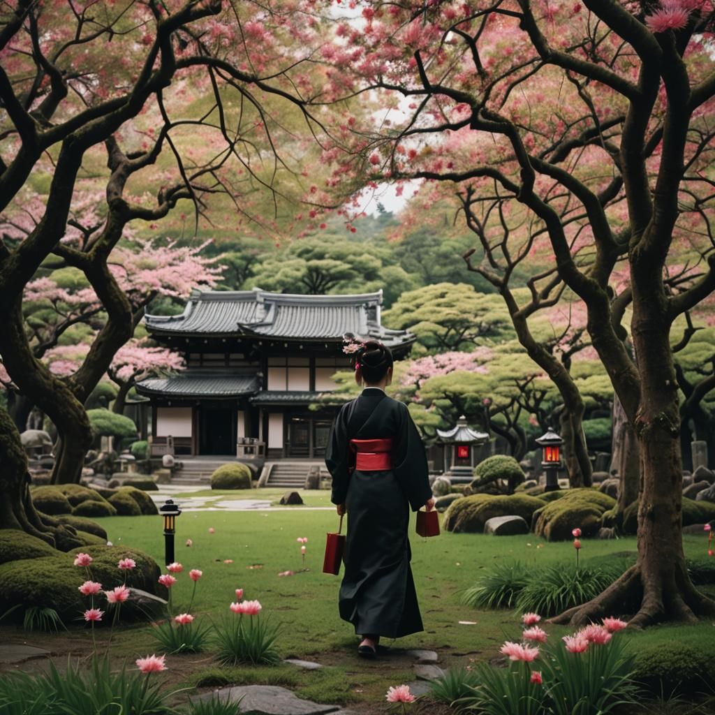 Japanese Shrine with Lanterns, Women and Cherry Blossoms