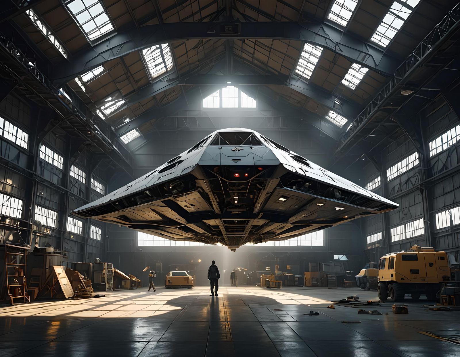 Scientist Repairing Triangle UFO: Photorealistic Concept Art