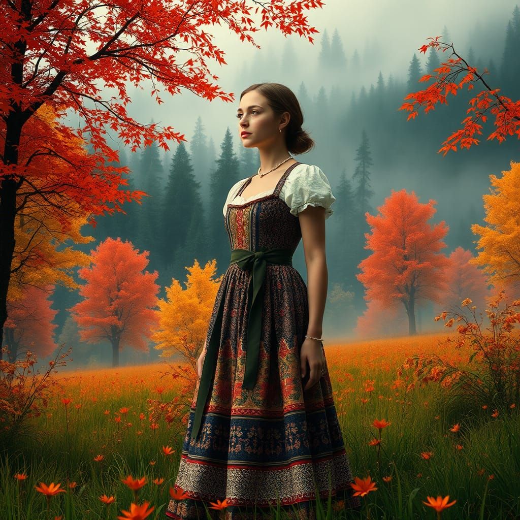 Autumnal Meadow Drindl in Ethereal Art Deco Style