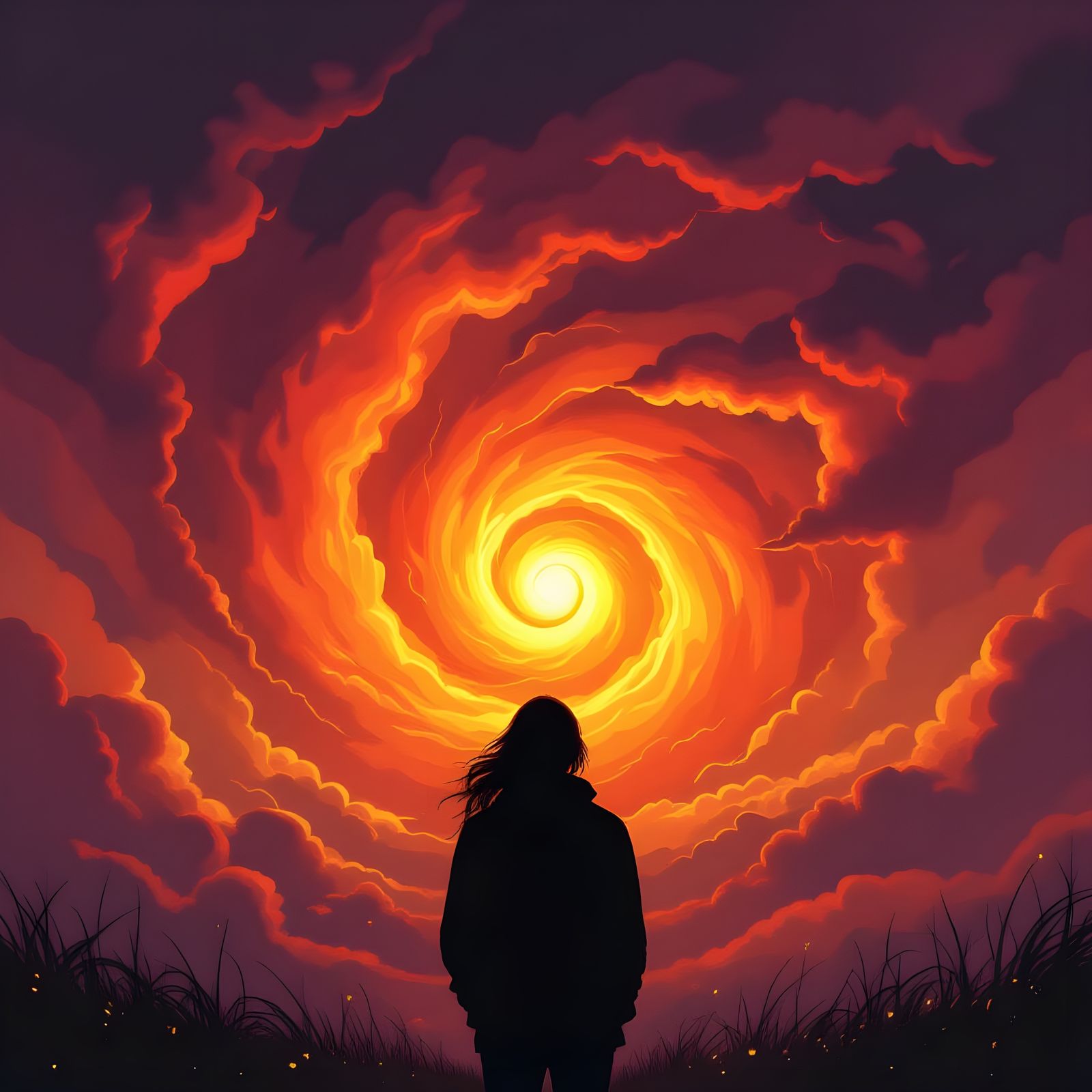 Fiery Sunset Silhouette with Ethereal Flames