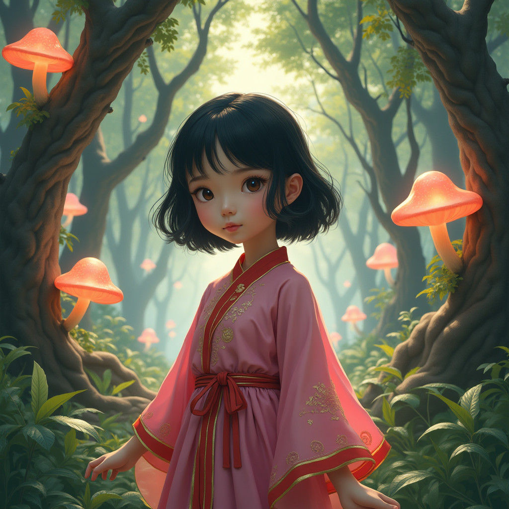 Mystical Forest Portrait: Asian Girl in Hanfu-Inspired Shirt