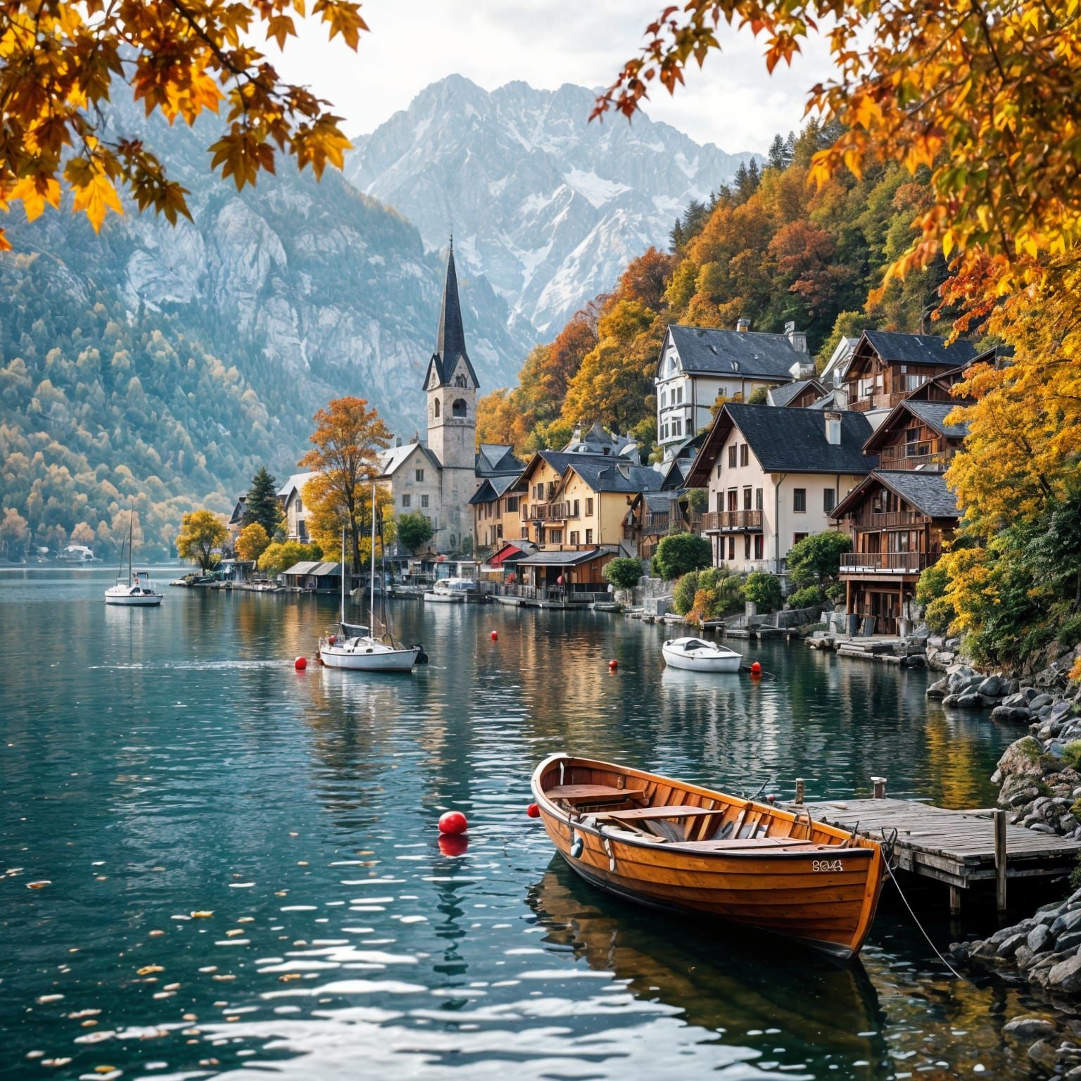Cozy Autumn Village on Alpine Lake Island with Sailboats