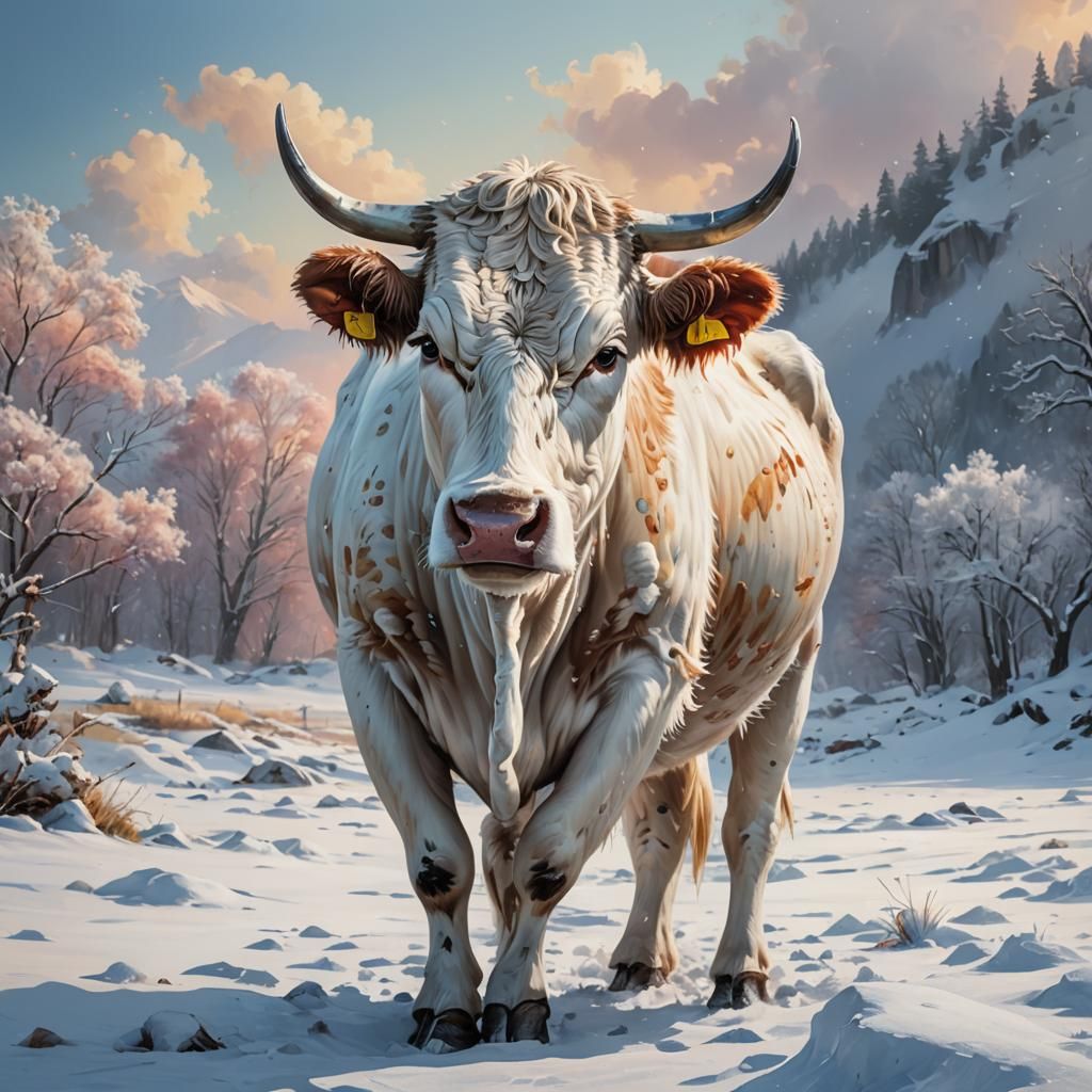 Hyperrealistic White Cow in Snowy Landscape