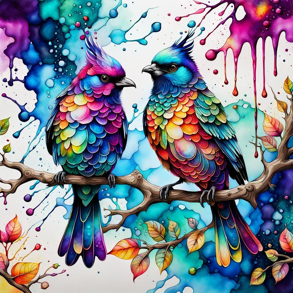 Colorful Birds on Limb as Alcohol Ink Art
